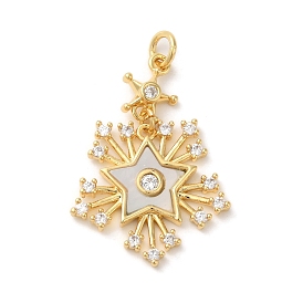 Rack Plating Brass Micro Pave Cubic Zirconia Pendants, with Shell and Jump Ring, Lead Free & Cadmium Free, Snowflake