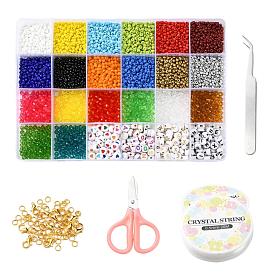 Diy jewelry making kits, incluyendo cuentas de semillas de vidrio redondas, cuentas acrílicas redondas y planas bicónicas, perlas de vidrio rondelle, Hilo de cristal elástico, pinzas, tijeras, cierres de aleación y anillos de hierro