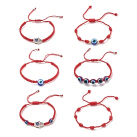 6Pcs 6 Style Alloy Hamsa Hand & Resin Evil Eye Braided Bead Bracelets Set, Lucky Nylon Knot Adjustable Bracelets for Kids