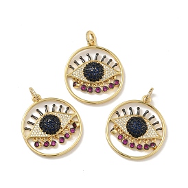 Brass Micro Pave Cubic Zirconia Pendants, Cadmium Free & Lead Free, Long-Lasting Plated, Flat Round with Eye, Colorful