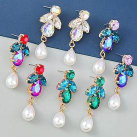 Colorful Rhinestone Alloy Earrings with Pearl Pendant for Women's Fashion Jewelry