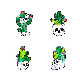 Black Alloy Brooches, Enamel Pins, Skull with Cactus
