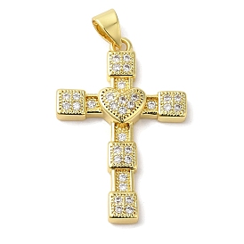Rack Plating Brass Micro Pave Cubic Zirconia Pendants, Long-Lasting Plated, Lead Free & Cadmium Free, Cross with Heart