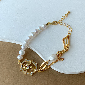 Браслеты из латуни с микропаве из прозрачных кубических цирконий овальной формы с тюльпановыми звеньями для женщин, с натуральным пресноводным жемчугом