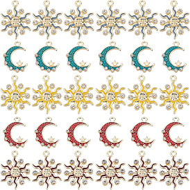 30Pcs 5 Style Alloy Enamel Pendants, with Crystal Rhinestone, Light Gold, Sun & Moon with Star