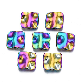 Rack Plating Rainbow Color Alloy Beads, Cadmium Free & Nickel Free & Lead Free, Hammered Square