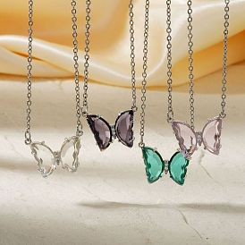 Brass Rhinestone Butterfly Pendant Necklaces for Women, Platinum