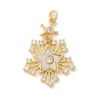Rack Plating Brass Micro Pave Cubic Zirconia Pendants, with Shell and Jump Ring, Lead Free & Cadmium Free, Snowflake