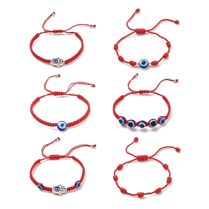 6 pcs 6 style alliage hamsa main et résine mauvais œil bracelets de perles tressées ensemble, Bracelets ajustables avec nœud en nylon porte-bonheur pour enfants