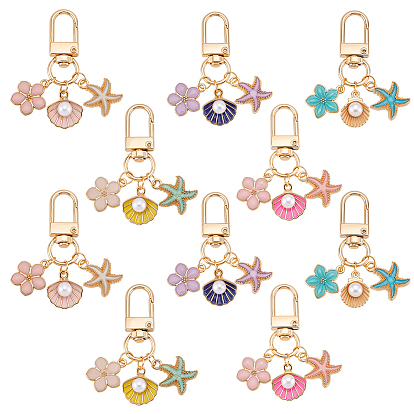 10шт 5 стиль сплав эмаль подвесные украшения, с поворотными застежками сплава, форма цветка и ракушки и морская звезда