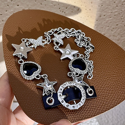 Black Heart Butterfly Pentagram Necklace with Rhinestone Star Belt Buckle - Leather Choker.