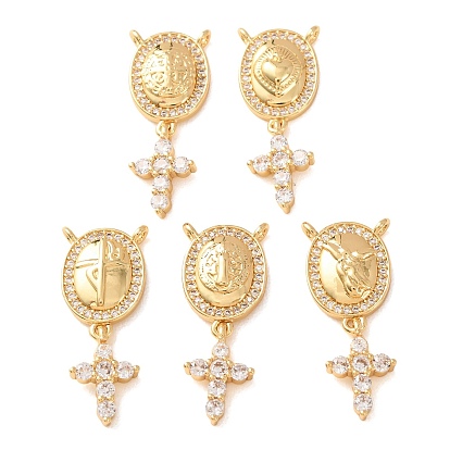 Brass Micro Pave Clear Cubic Zirconia Pendants, Oval with Cross Charms, Rack Plating, Long-Lasting Plated, Cadmium Free & Lead Free, E-Coating