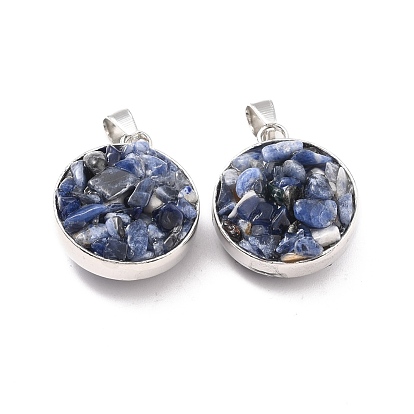 Natural Sodalite Pendants, with Alloy Edges, Flat Round