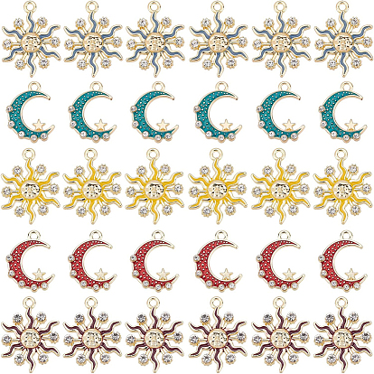 30Pcs 5 Style Alloy Enamel Pendants, with Crystal Rhinestone, Light Gold, Sun & Moon with Star
