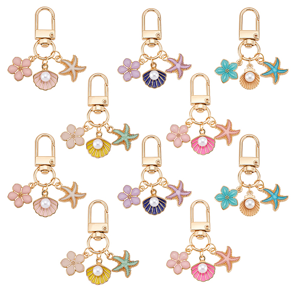 10шт 5 стиль сплав эмаль подвесные украшения, с поворотными застежками сплава, форма цветка и ракушки и морская звезда