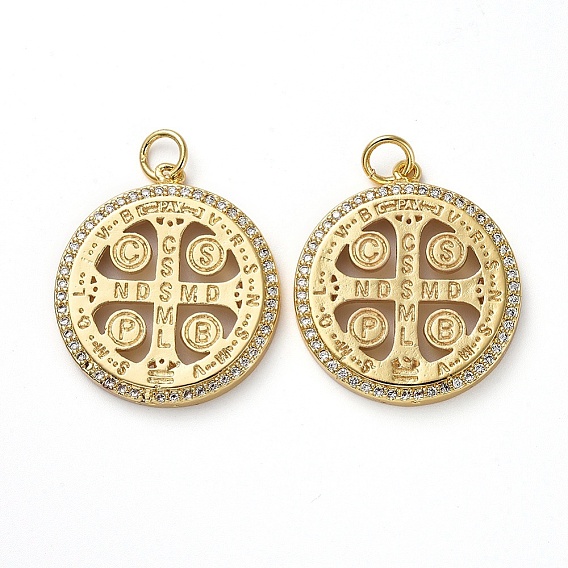Золотой тон латунные микро проложить кубического циркония кулоны, с прыжковых колец, плоский круг с крестом и словом