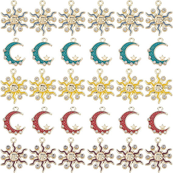 30Pcs 5 Style Alloy Enamel Pendants, with Crystal Rhinestone, Light Gold, Sun & Moon with Star