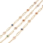 Handmade Brass Link Chains, with Cubic Zirconia, Flat Round and Oval, Long-Lasting Plated, Soldered, with Spool, Lead Free & Cadmium Free, Golden