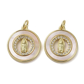 Brass Micro Pave Clear Cubic Zirconia Pendants, with Shell, Flat Round with Human