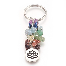 Natural Gemstone Keychain, with Brass Findings, Flat Round with Lotus