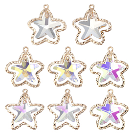 8Pcs 4 Style Glass Pendants, with Brass Open Back Bezel, Faceted, Starfish Charms, Light Gold