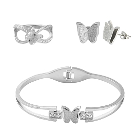304 Stainless Steel Butterfly Stud Earrings & Finger Ring & Bangle, Jewelry Set for Women