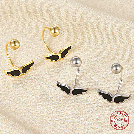 925 Sterling Silver Stud Earrings, with Enamel and 925 Stamp, Wing