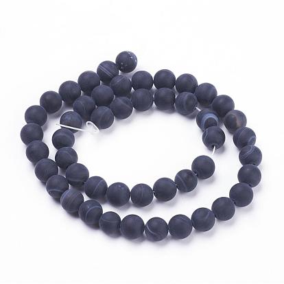 Natural Black Striped Agate/Banded Agate Beads Strands, Frosted, Round