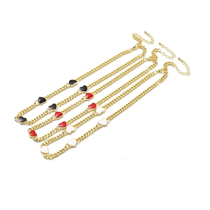 Brass Curb Chains Necklace, Enamel Heart Link Necklace for Women, Lead Free & Cadmium Free, Real 18K Gold Plated, with Chain Extender & Lobster Claw Clasp