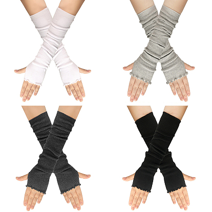 Guantes sin dedos para tejer con hilo de fibra acrílica, guantes largos de invierno con volantes y orificio para el pulgar