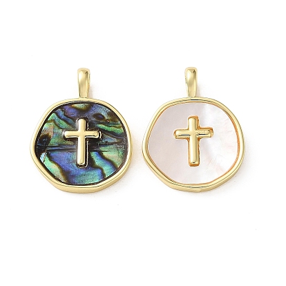 Messing Anhänger & Charms, mit Shell, flach rund mit Kreuz Charme, cadmiumfrei und bleifrei, Gestell, langlebig überzogen, echt 18 k vergoldet