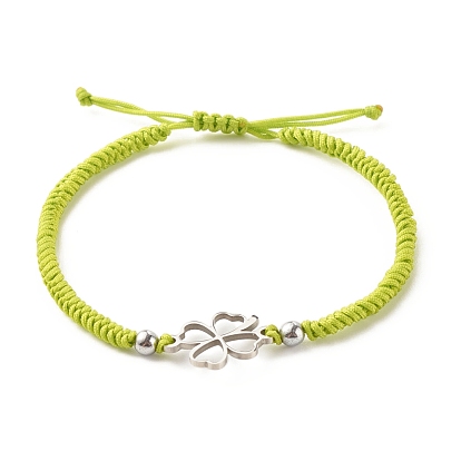304 Stainless Steel Clover Braided Bead Bracelet, Adjustable Friendship Bracelet for Women