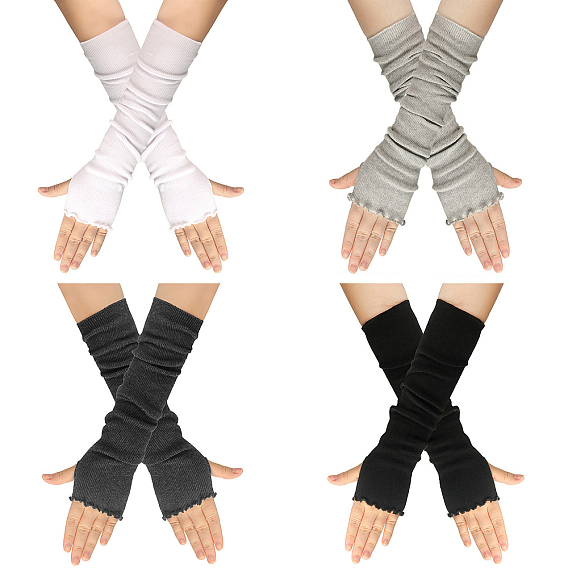 Guantes sin dedos para tejer con hilo de fibra acrílica, guantes largos de invierno con volantes y orificio para el pulgar
