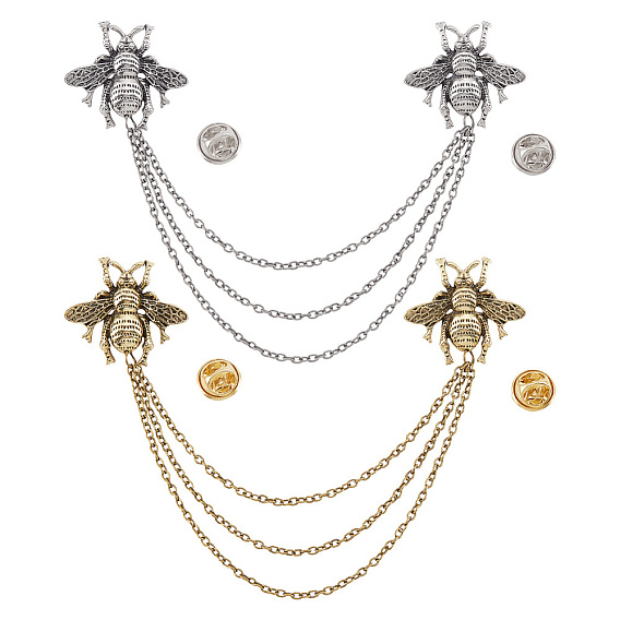 2шт 2 цвета двойная пчела подвесная цепочка брошь, булавка с кисточкой из сплава для воротника рубашки костюма