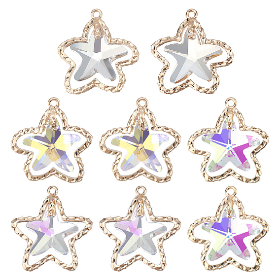8Pcs 4 Style Glass Pendants, with Brass Open Back Bezel, Faceted, Starfish Charms, Light Gold