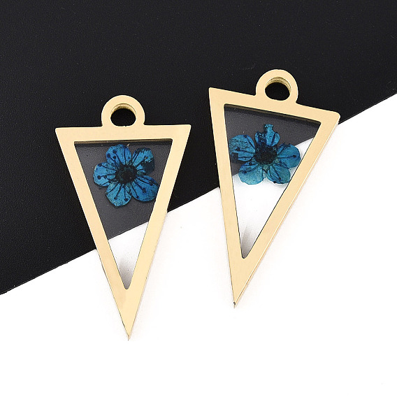 304 подвески из нержавеющей стали с эпоксидной смолой, треугольник с сухоцветом, ионное покрытие (ip), реальный 18 k позолоченный