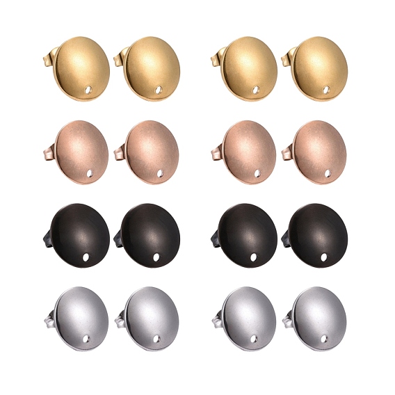 24Pcs 4 Colors Stainless Steel Stud Earring Findings, with Ear Nuts and Loop, Flat Round