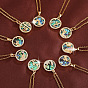 Collares con colgante de disco de signo zodiacal de concha de abulón natural iridiscente de latón con circonita cúbica transparente para mujer, dorado