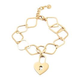 304 Stainless Steel Rhombus Link Chain Bracelets, Heart Lock Charm Bracelets for Women