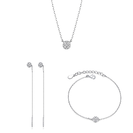 S925 Sterling Silver Micro Pave Clear Cubic Zirconia Round Pendant Necklaces & Bracelets & Ear Threads Sets for Women