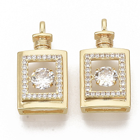 Brass Micro Pave Clear Cubic Zirconia Pendants, Nickel Free, Perfume Bottle, Real 18K Gold Plated