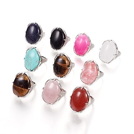 Adjustable Natural & Synthetic Gemstone Finger Rings, with Platinum Brass Findings, Oval