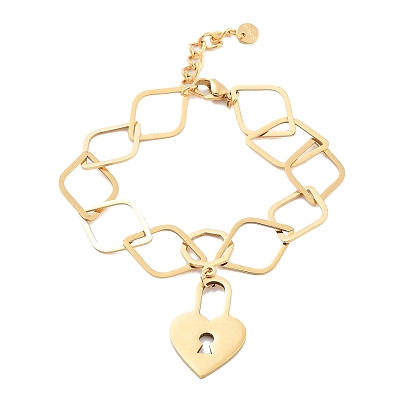 304 Stainless Steel Rhombus Link Chain Bracelets, Heart Lock Charm Bracelets for Women