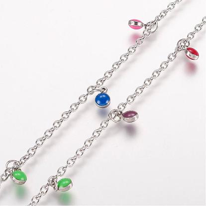 304 Stainless Steel Charm Anklets, with Enamel Charms, Flat Round, Platinum