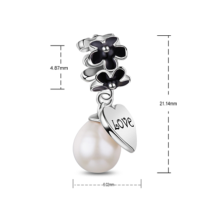 TINYSAND Platinum Plated 925 Sterling Silver Enamel Daisy Pearl European Dangle Large Hole Pendants, Flower with Heart, 21.14x6.02x8.98mm, Hole: 4.87mm