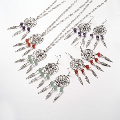 Leaf Alloy Jewelry Sets Necklaces & Earrings, with Natural Gemstones and Brass Earring Hooks, 18.1 inch , 89mm, Pin: 0.6mm