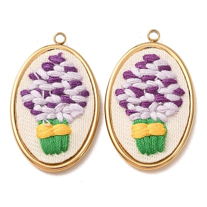 304 Stainless Steel & Cloth Embroidered Pendants, Oval with Hyacinth Pot Charms, Ion Plating(IP), Long-Lasting Plated, Real 18K Gold Plated