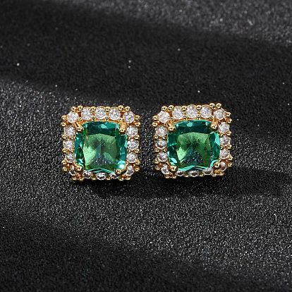 Латунные серьги-гвоздики с микропаве из зеленых кубических цирконий для женщин, квадратный