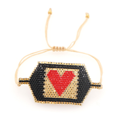 Glass Seed Braided Bead Bracelet, Polygon with Heart Friendship Bracelet for Women