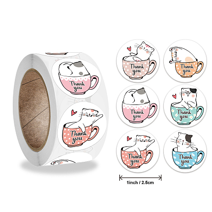 6 Styles Thank You Stickers Roll, Cute Cat Pattern Self-Adhesive Kraft Paper Gift Tag Stickers, Adhesive Labels, Flat Round